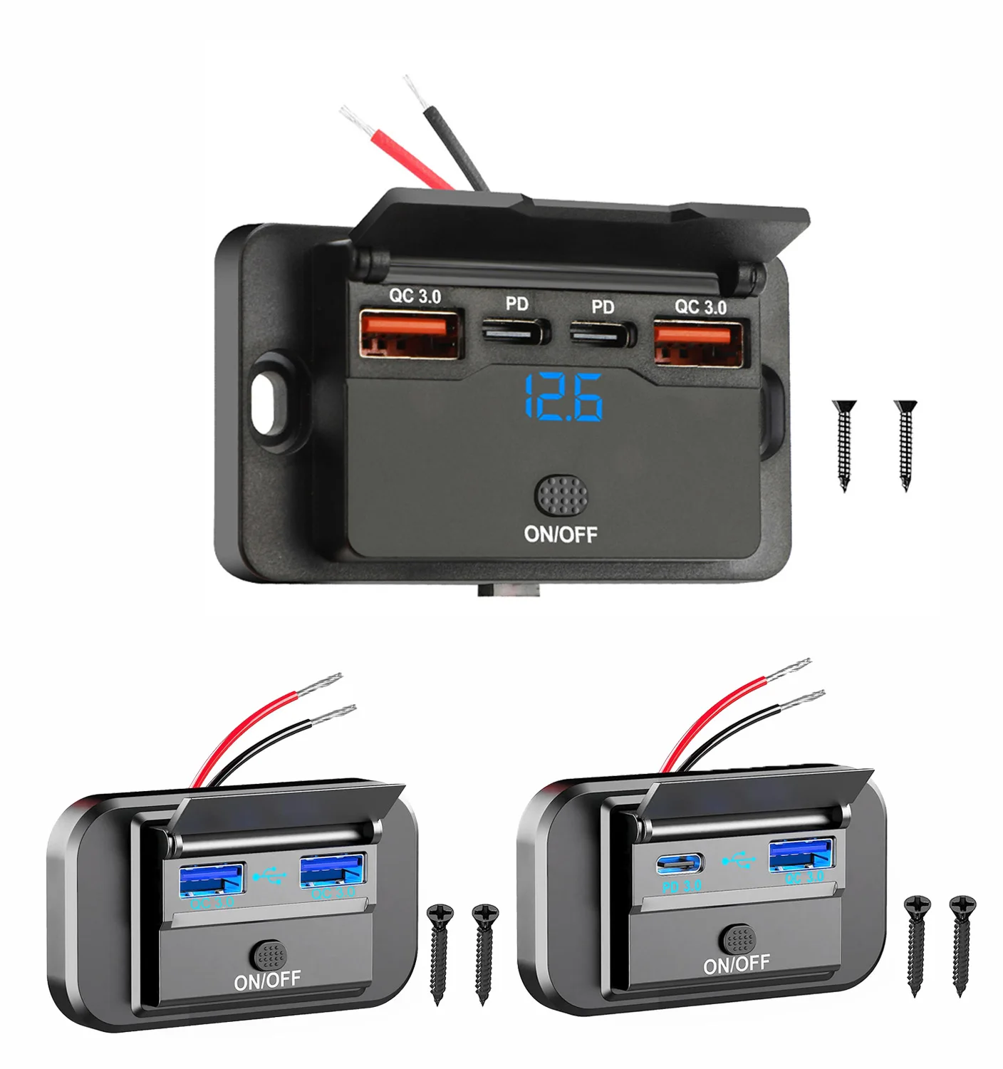 96W Dual USB A & Dual PD3.0 Ports Car Charger Socket Panel with Voltage Display for Auto Boat Marine RV USB Outlet Charger