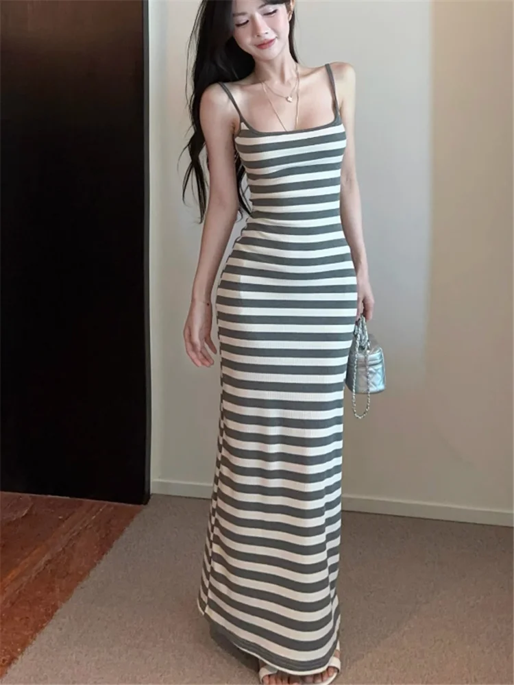 Moda cor contraste listrado slash neck longo deslizamento vestido de férias verão sem mangas sexy sem costas bodycon lápis suspender vestido
