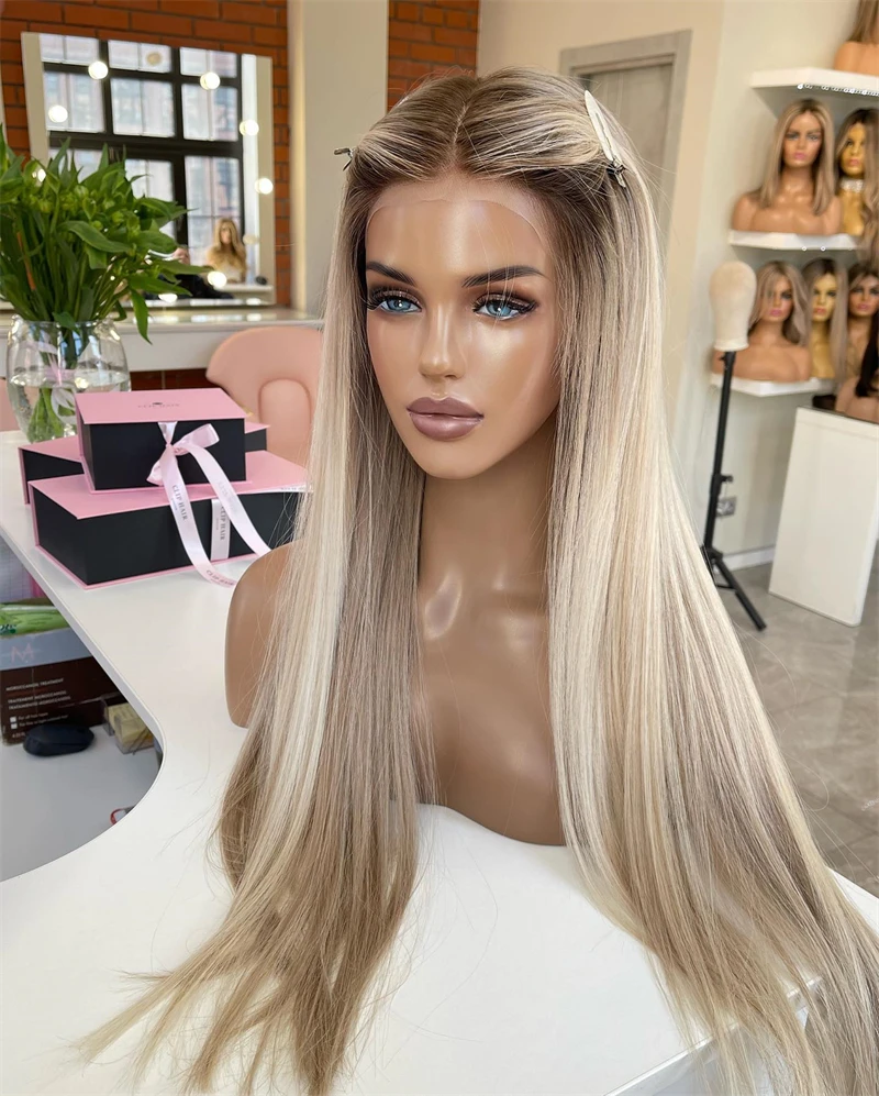 Natural Wig Women Soft Straight Synthetic Futura Lace Frontal Wigs for Woman Ombre Ash Blonde HD Transparent Clear Lace Cosplay