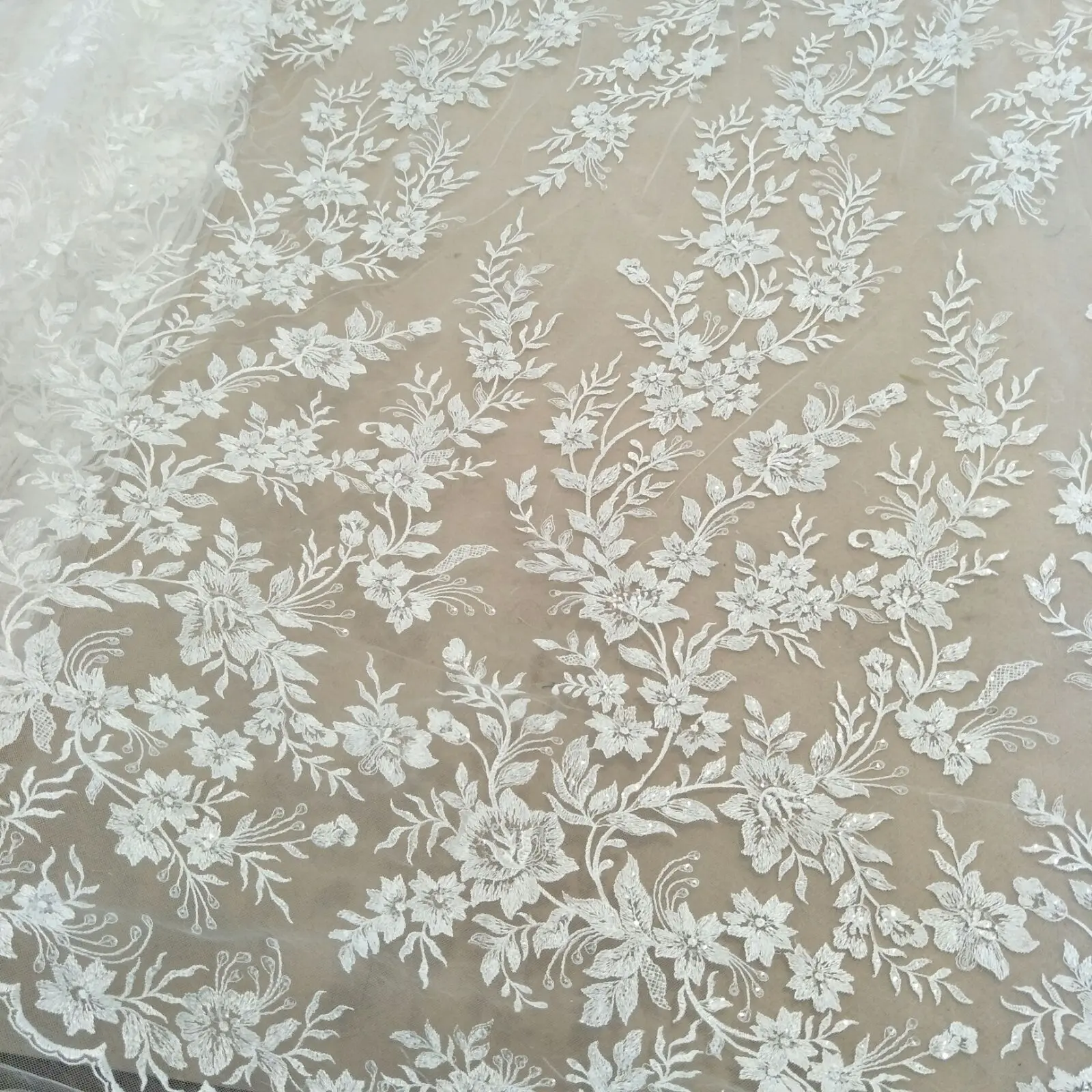 New fashion bridal wedding gown sequins lace fabric 130cm width bridal lace sell by yard