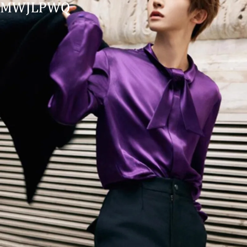 

MWJLPWQ Purple Satin Face Elegant Shirts Men's Individuality Tie Niche Design Hamdsome 2025 Autumn Casual Tops Fashion 010746