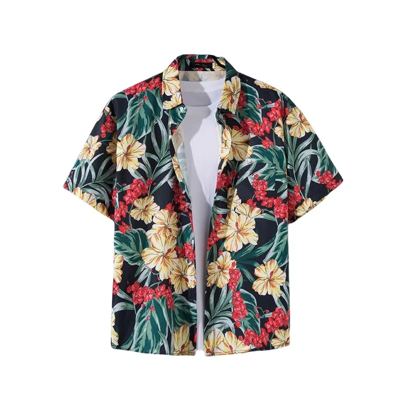 Men's Summer Seaside Vacation Hawaiian Retro Short Sleeve Flower Shirt Travel Casual Loose Handsome Beach Floral Shirts Jacket