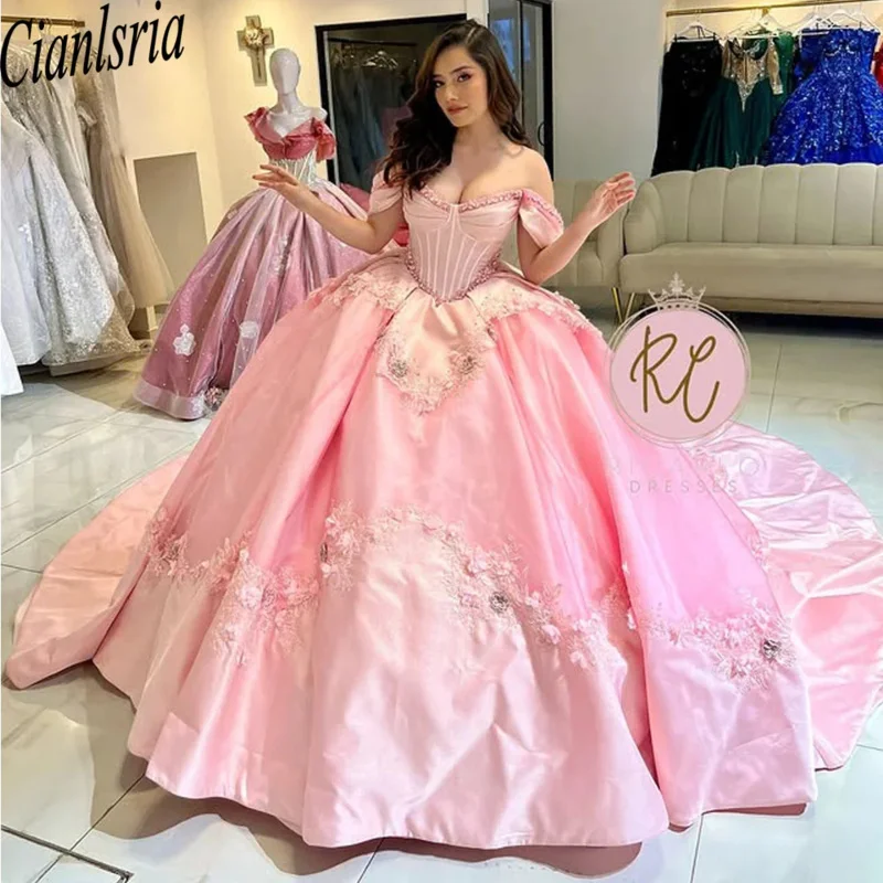 Pink Princess Sweet 16 Quinceañera Dresses Beaded Crystals Appliques Pearls Vestido De 15 Anos Custom Ball Gown Customized