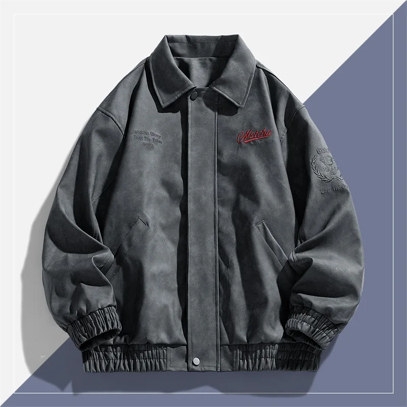 

Autumn Man Leather Jacket Vintage Letter Embroidery Long Sleeve Male Coat Motorcycle Punk Turn Down Collar Men Outerwear