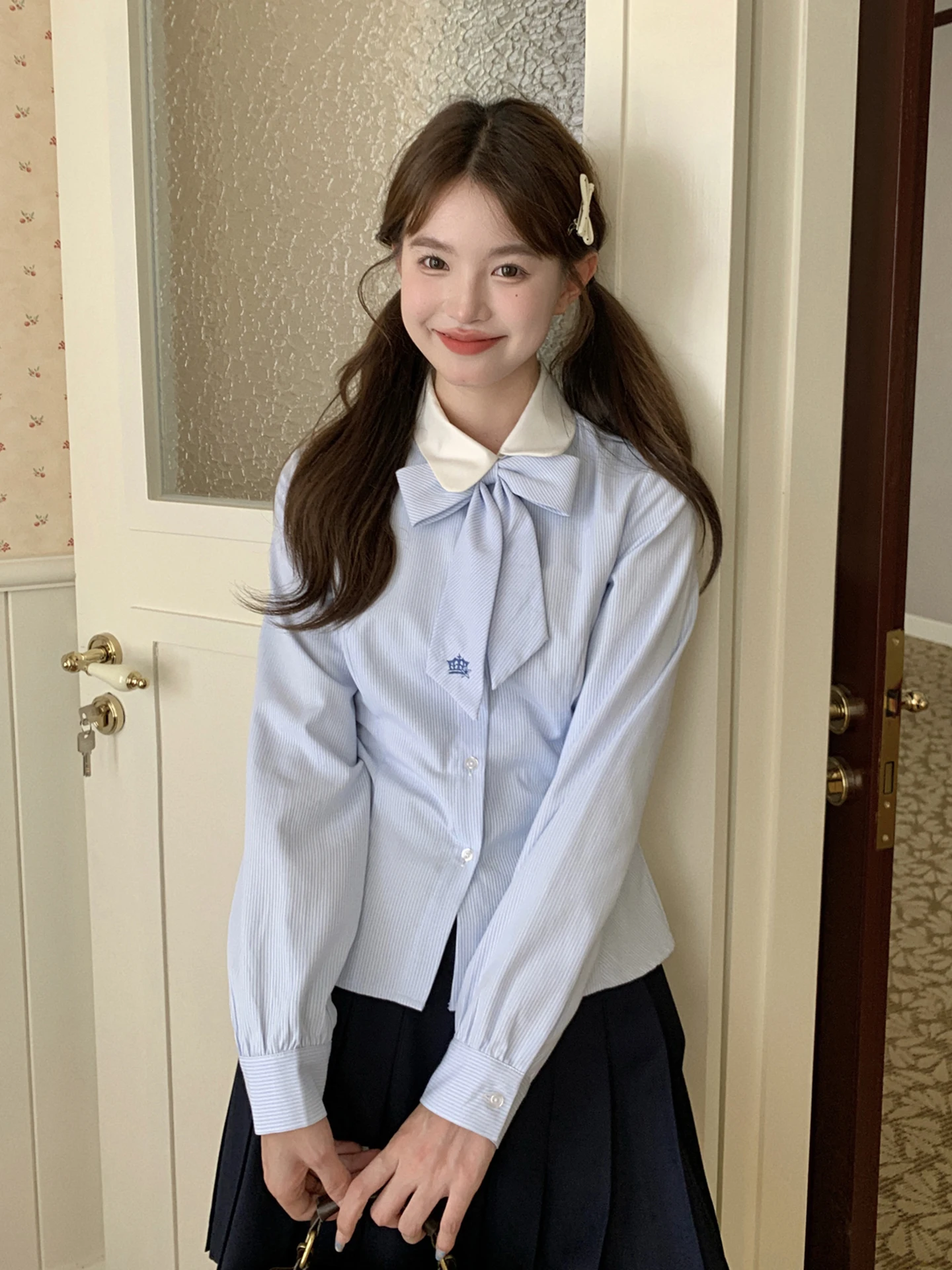 Tokyo Annual Record JK College Style Long Sleeve Blue Stripe Shirt with Bow Tie Uniform Set for Young Women Skin-friendly Bre...