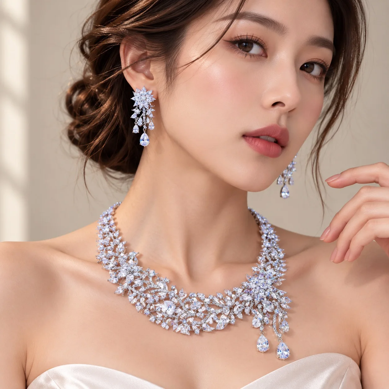 Luxury Silver Zircon Asymmetric Floral Branch Necklace & Teardrop Drop Earring 2Pcs Jewelry Set, Women Bridal Wedding Evening Pa