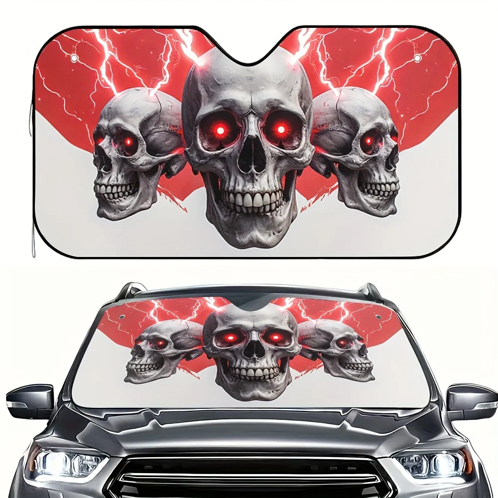 1pc Black Skull And Red Lightning Car Sun Visor Next Gen UV Barrier For Urban Commutes Neon Lit Vehicle Accent Universal Fit For