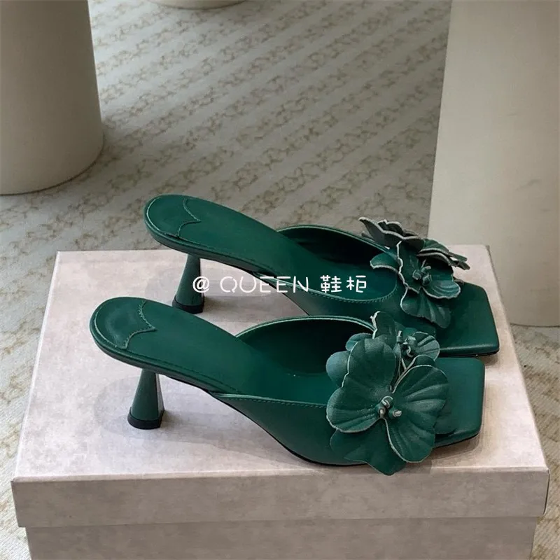 Open Toe Flower Mules Square Toe High Heels Fashion Women Summer Slip On Casual Sandals Beach Office Lady Dress Party Shoes