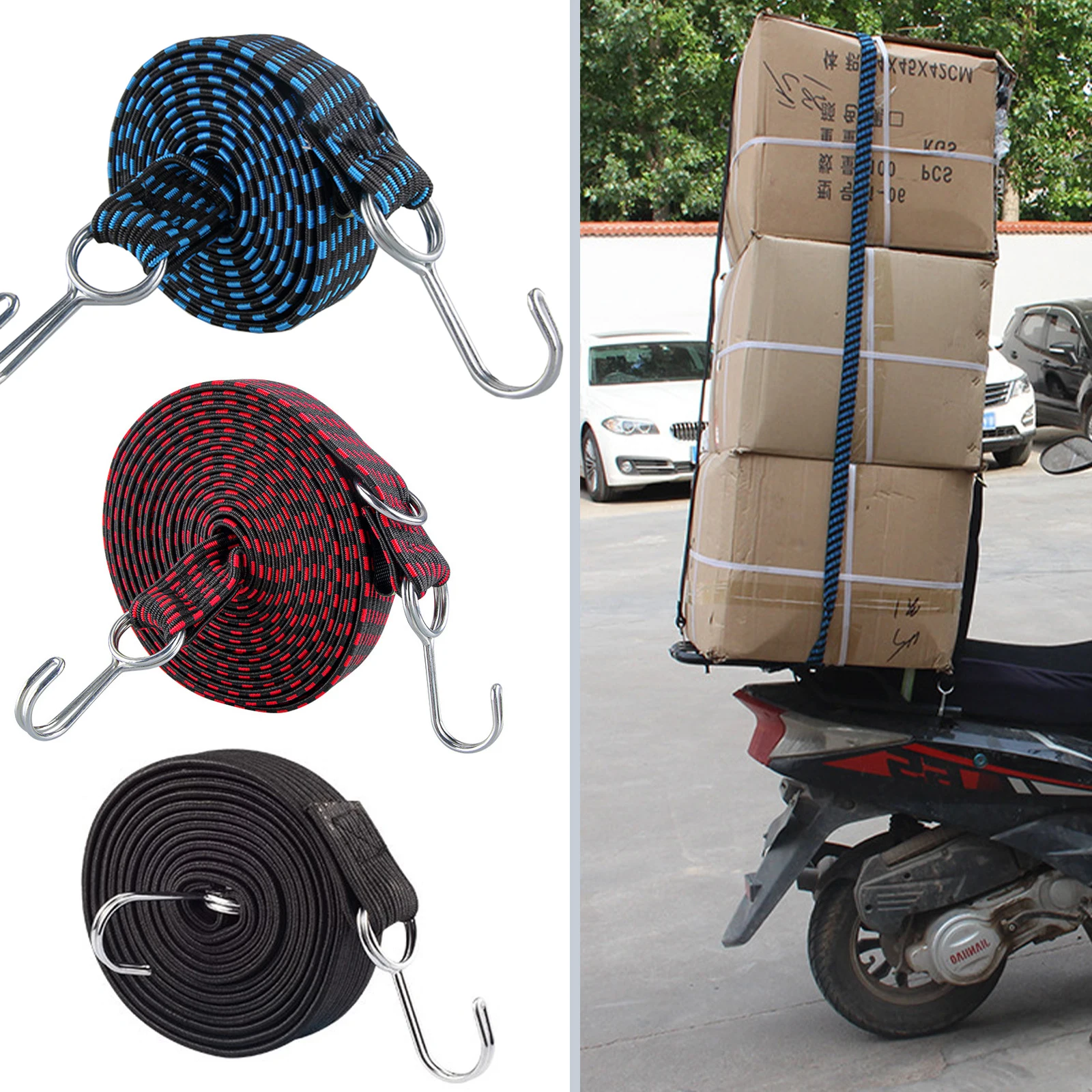 Bungee Cords With Hooks 1M/2M/3M Extra Long Bungee Strap Ropes Heavy Duty Luggage Bungee Cord Flat Rubber Elastic Straps