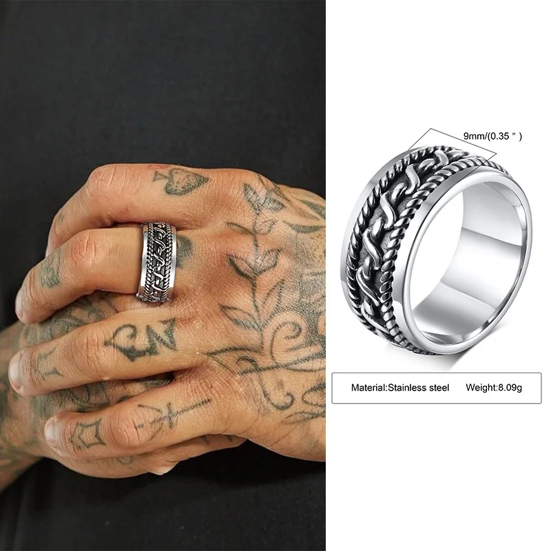 Punk Vintage ethnische Ringe für Männer, Retro Wikinger Knoten Rune Finger Band, schwarzer geometrischer quadratischer Stein Siegelring Schmuck