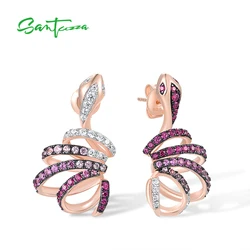 SANTUZZA 925 Sterling Silver Stud Earrings For Women Sparkling Created Pink Sapphire Ruby Rose Gold Plated Snake Fine Jewelry