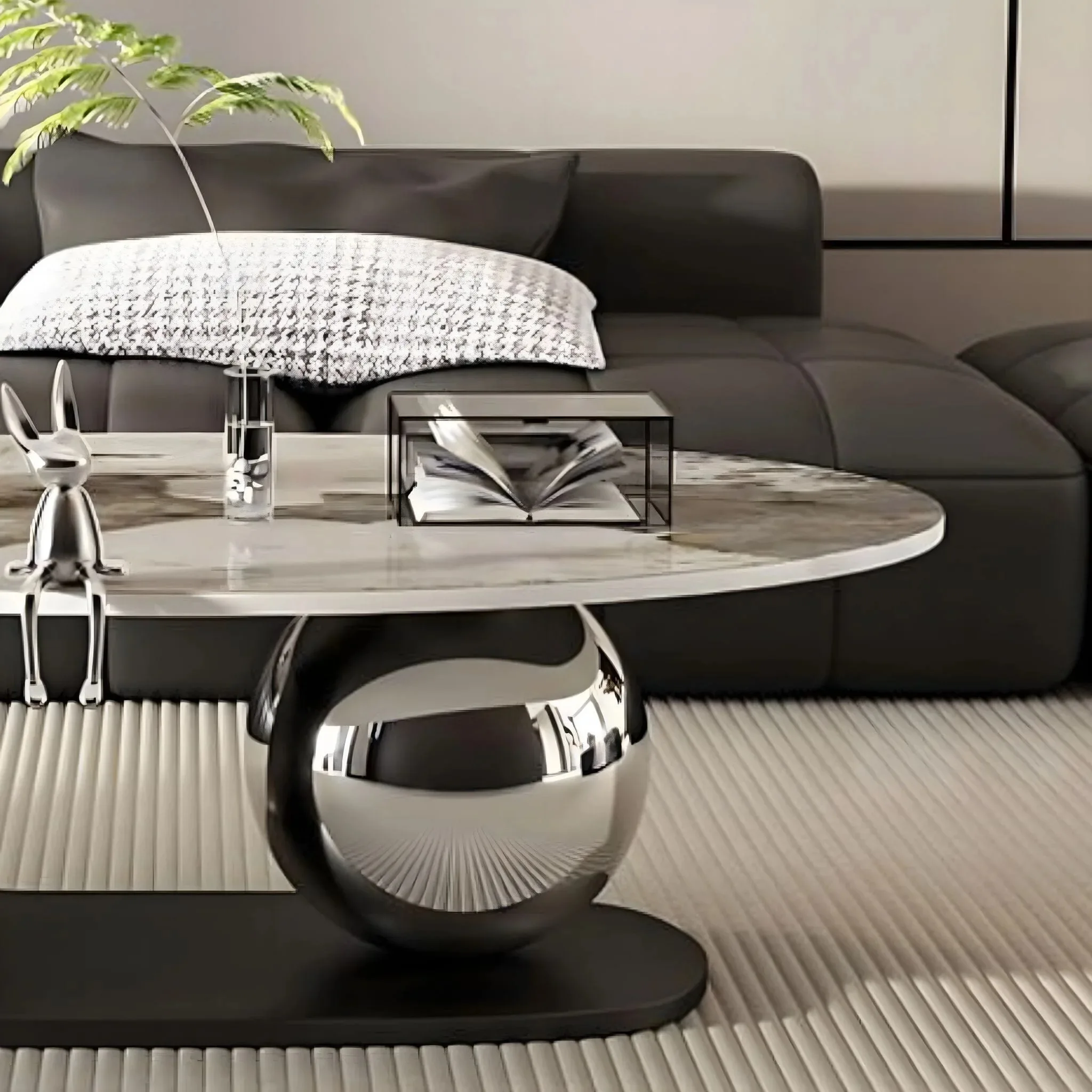 Custom Luxury Metal Steel Frame Sintered Stone Center Table Oval Shaped End Table for Living Room Modern Design Coffee Table Set