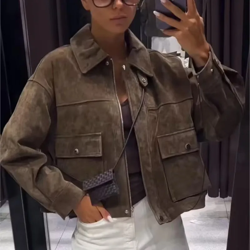 Retro Bomber Jacken Frauen 2025, Neue Herbst Winter Casual Große Taschen Drehen-unten Kragen Zipper Kurzen Mantel Mode Lose outwear