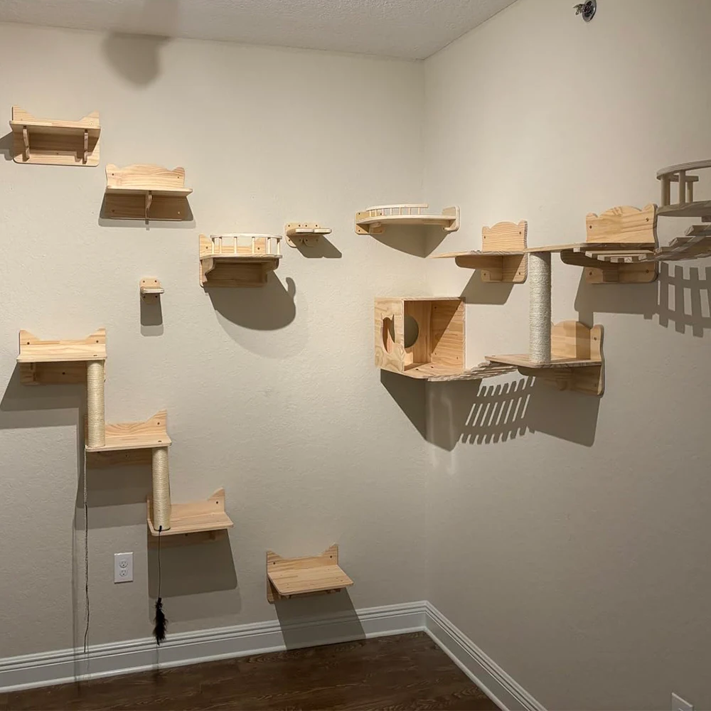 

Wall Mounted Cat Climbing Wood Shelves Cat Bridge and Cat Hammock or Platform with Pedals for Kitten Perch and Rest