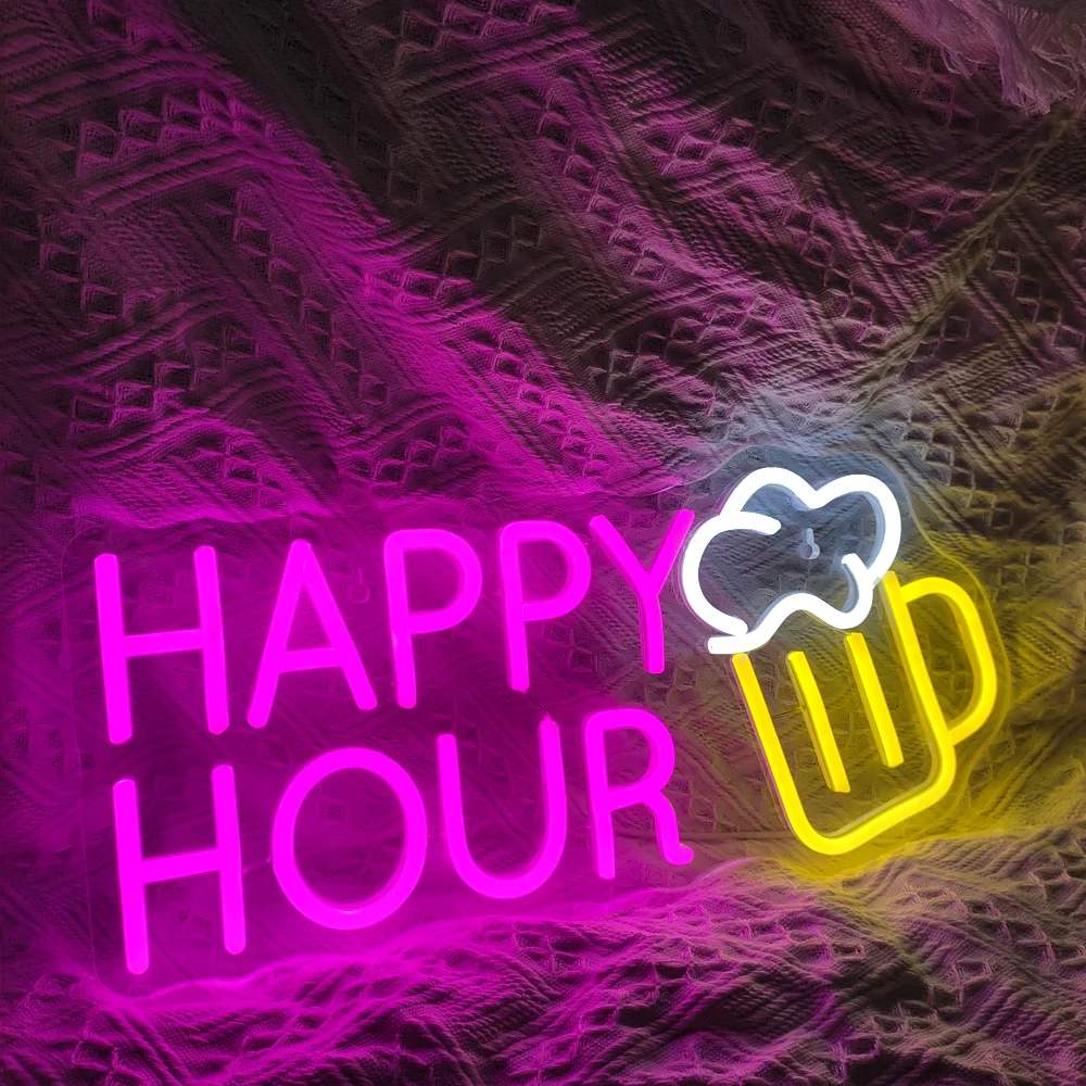 Happy Hour-LED Neon Light Signs, Bar, Clube, Party Logo, Light Up Sign, Alimentado por USB, Beer Room Decor, Decoração do Hotel, Pub, Café, Loja de Lâmpada de Parede, Itens