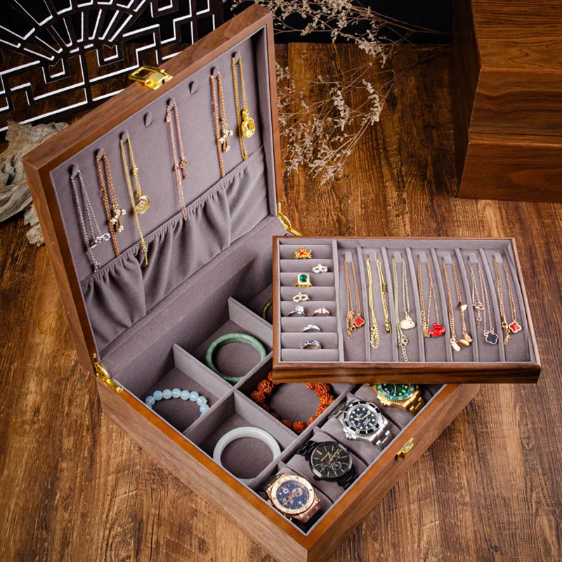 2 Layer Wooden Jewelry Box with for Women Men Vintage Wood Jewelry Organizer Storage for Earrings Watch Mother’s Day Gift