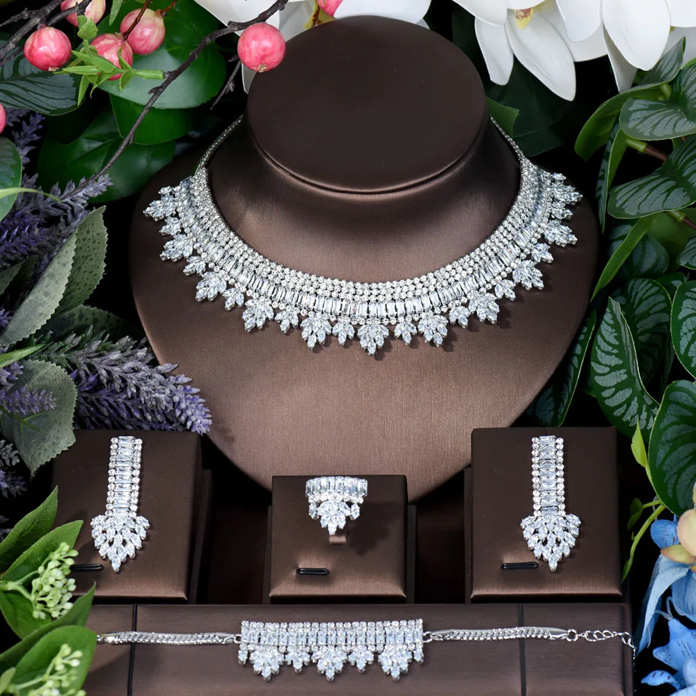 HIBRIDE 4PCS Big Luxury Laaf Flower Design Nigerian Jewelry Set For Women Bridal Wedding Jewelry Sets conjuntos de mujer N-210