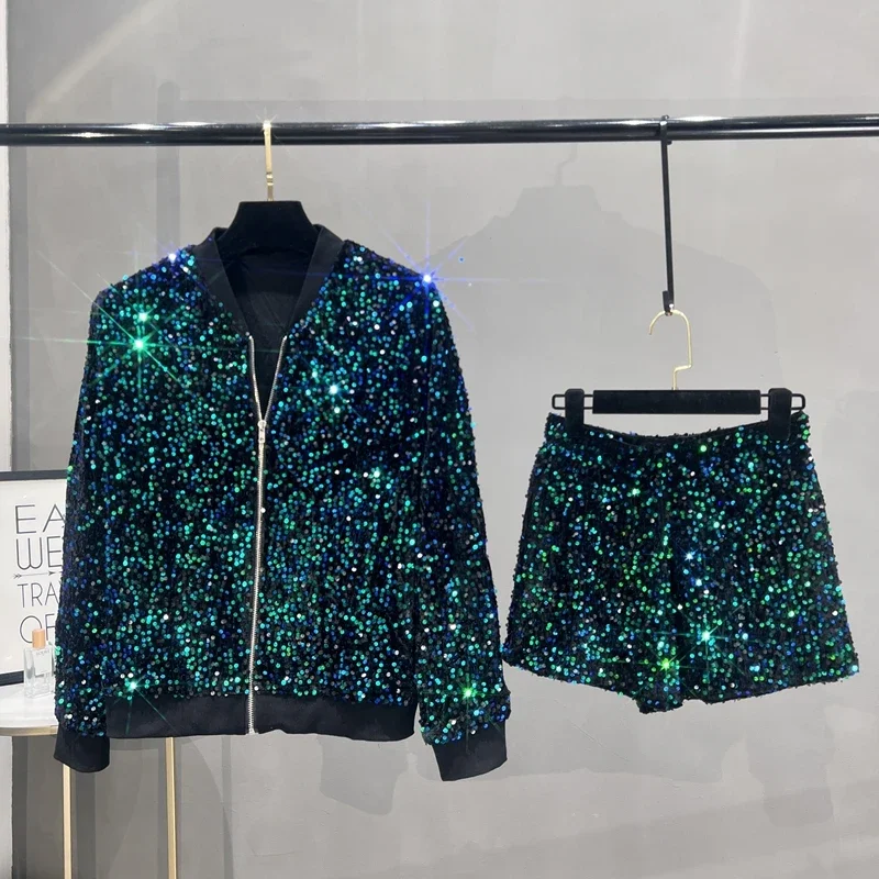 

Premium Sequined Coat Women's Suit Jacket Zipper Top Baseball Uniform Casual Versatile and Thin Two-piece Women's костюм женский