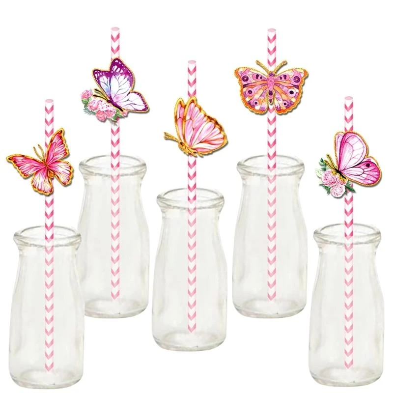 E1PC 24pcs Butterfly Themed Drinking Straw Biodegradable Paper Straw for Gatherings