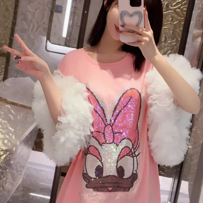 Thai Rhinestone Cartoon T-shirt Heavy Industry Net Yarn Stitching Loose Mid-Length Tshirt Dress Women\'s Y2k Clothes