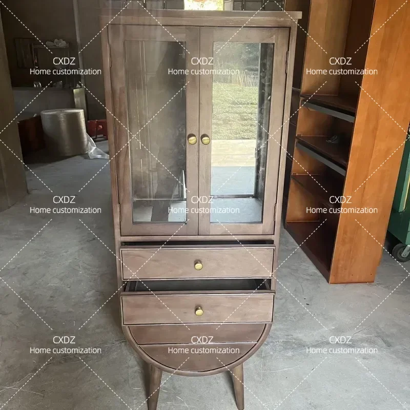 American Retro High Foot Solid Wood Wine Cabinet Tempered Glass Floor to Ceiling Display Side Cabinet for Living Room Home