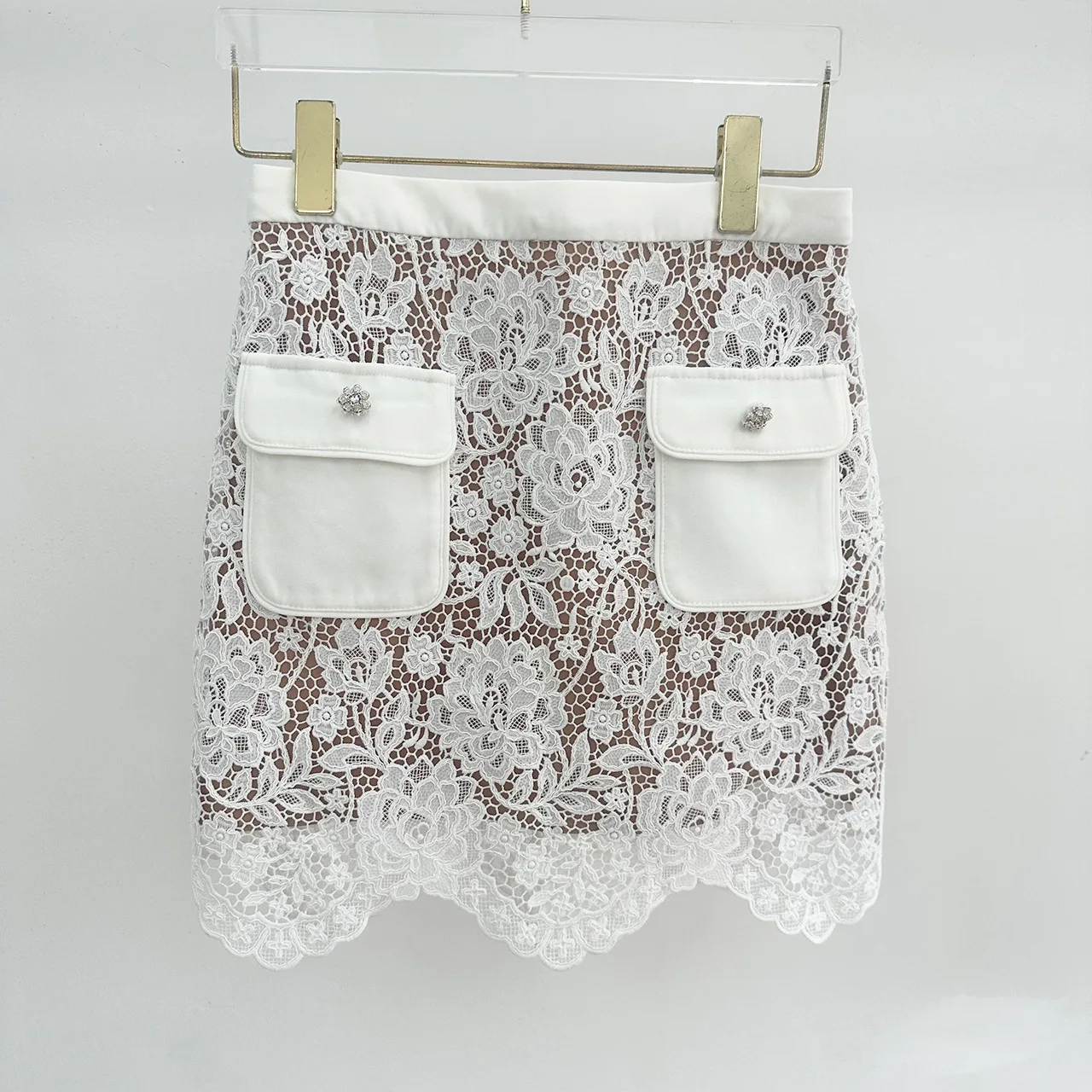 

Women Lace Embroidery Mini Skirt High Waist A-Line Elegant Short Jupe