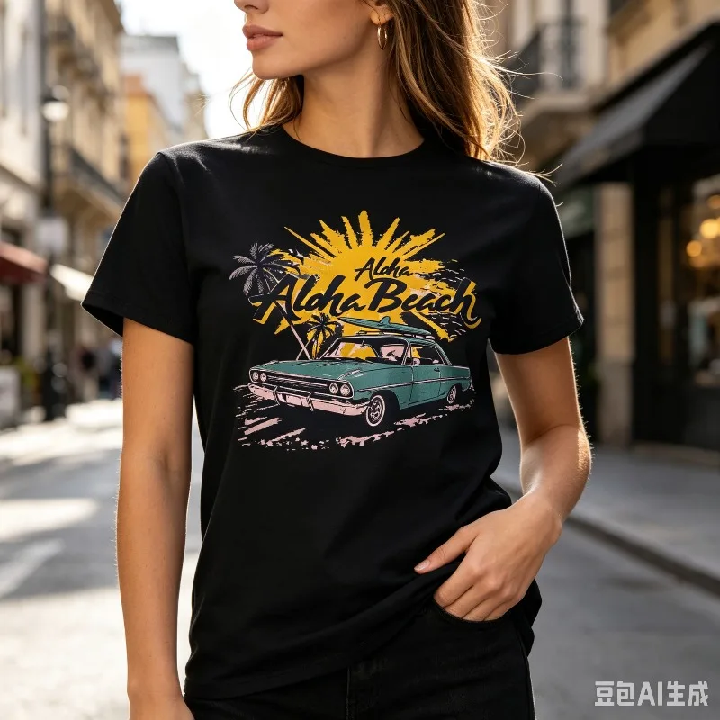 Women Streetwear T-Shirt Aloha Beach Print Vintage Car Palm Tree Casual Summer Street Tee