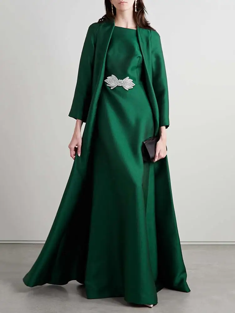 

Bohohipei Women Elegant Green Party Evening Dresses 2024 Spring Autumn Long Sleeves Fashion Applique A-Line Banquet Dress Robe