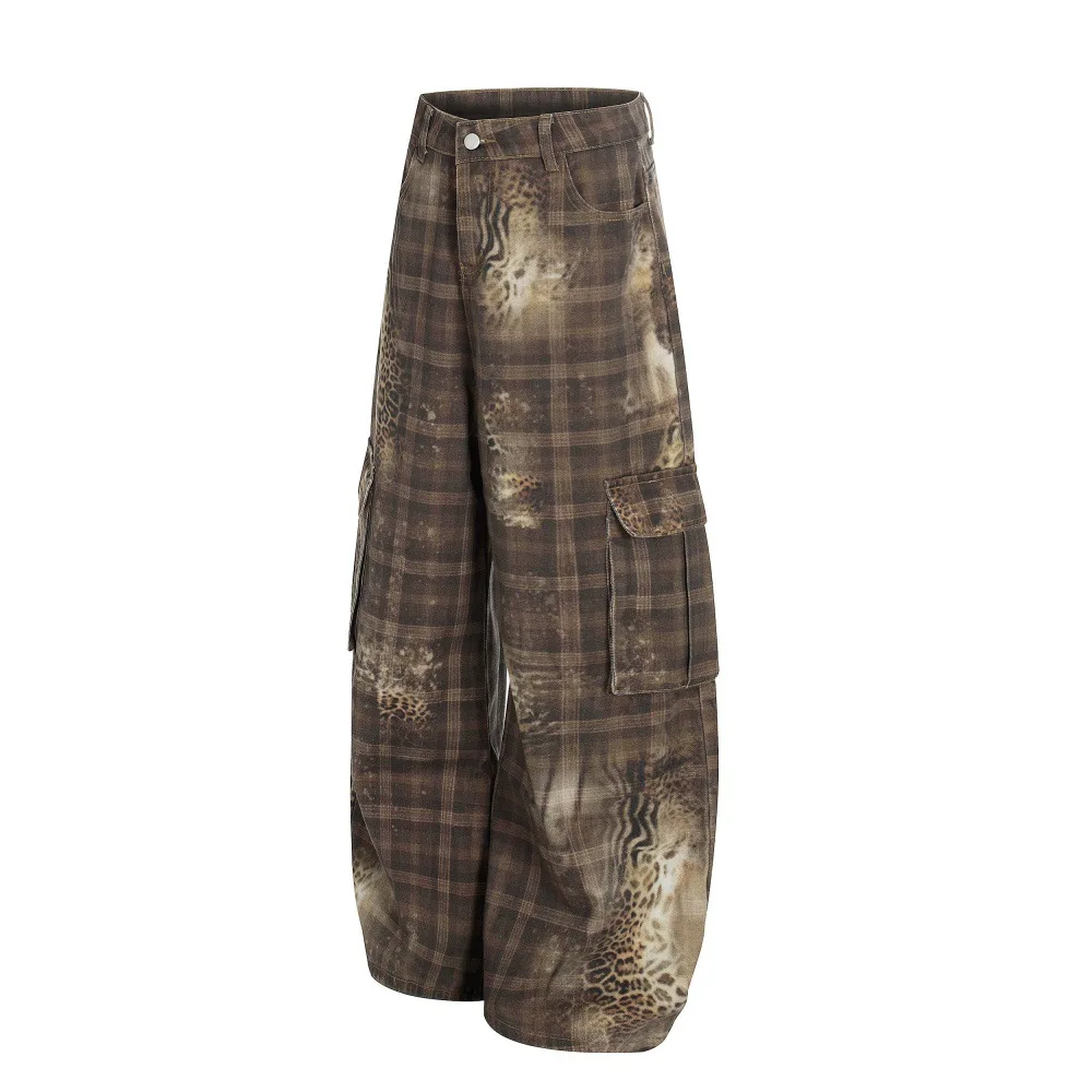Plaid leopard print scimitar overalls trendy design sense loose wide-leg pants men's multi-pocket trousers