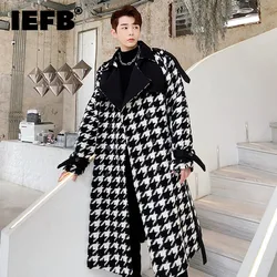 IEFB Men's Vintage Plaid Thickened Trench Coat New Loose Notched Double Breasted Windbreaker With Belt 2023 Autumn Winter Cloth