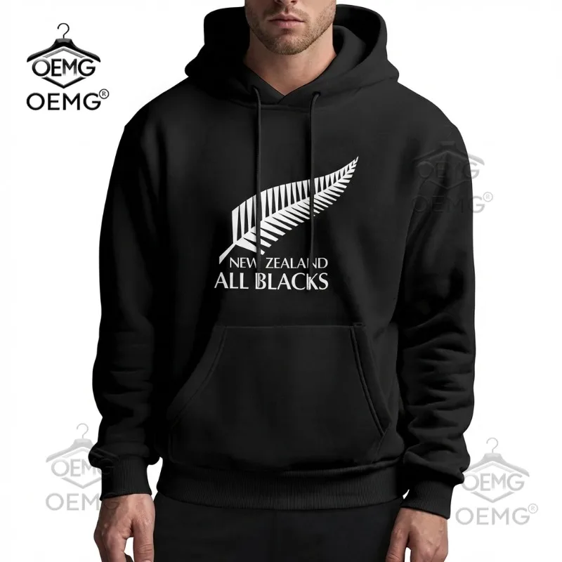 2026 Men's Oversized Polyester Hoodie with New Zealand All Blacks Feather Graphic Print Trendy Printed Sweatshirt