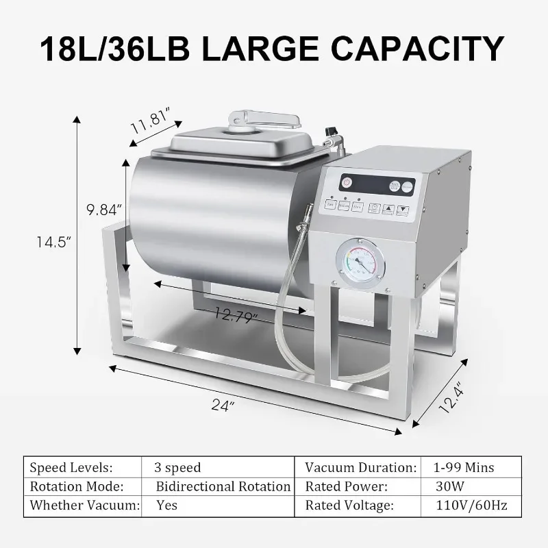 Vacuum Tumbler Marinator 18L Meat Tumbler Machine Three-Speed Bidirectional Rotation Rapid