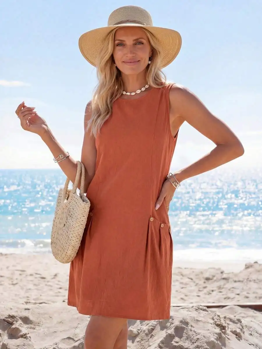 

Women's Rust Orange Sleeveless A-Line Dress with Front Pockets
