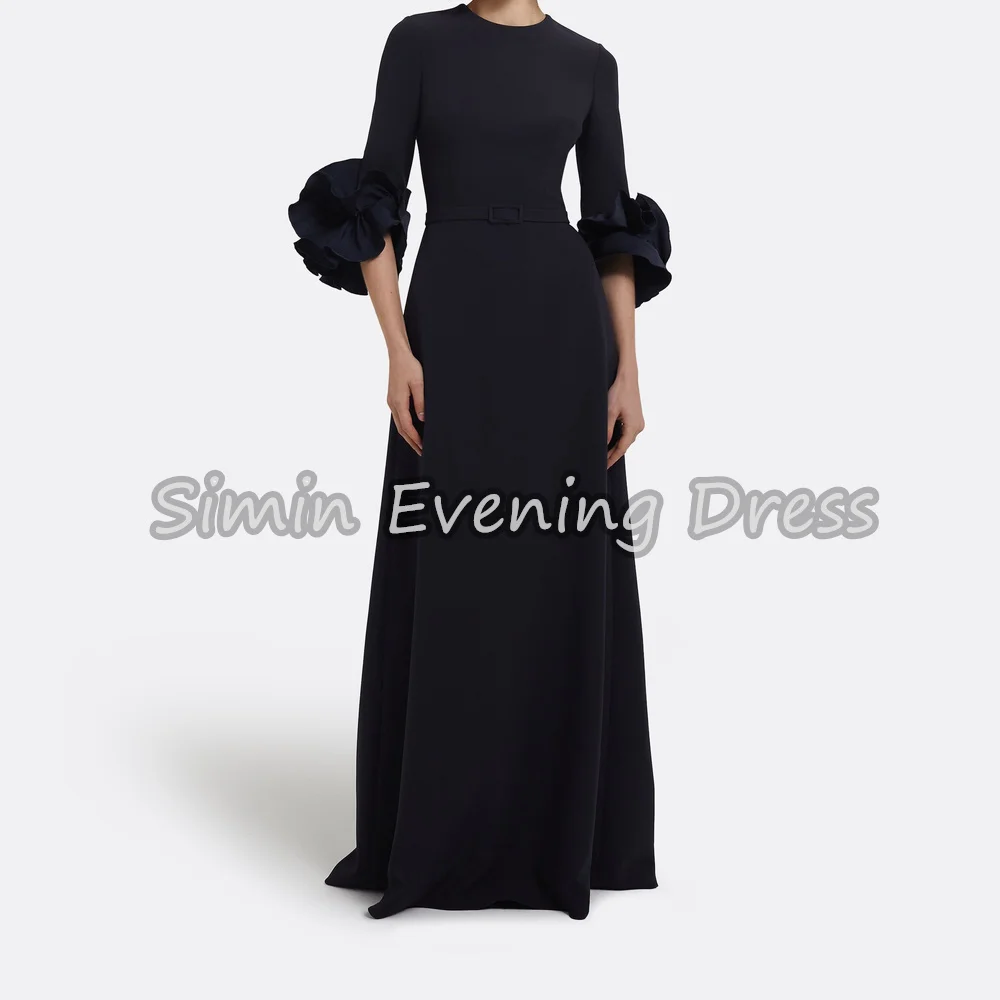 

Simin Crepe O-neck A-line Simple Evening Dresses For Women 2025 With 3D Flowers Floor Length Half Sleeves Saudi Party Dress