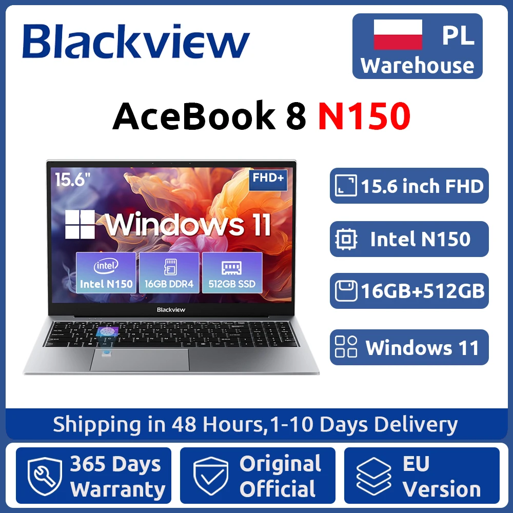 Blackview AceBook 8, laptop con schermo da 15,6 pollici, processore Intel N150, 16 GB di RAM, SSD da 512 GB, espandibile fino a 1 TB, Windows 11 Home.