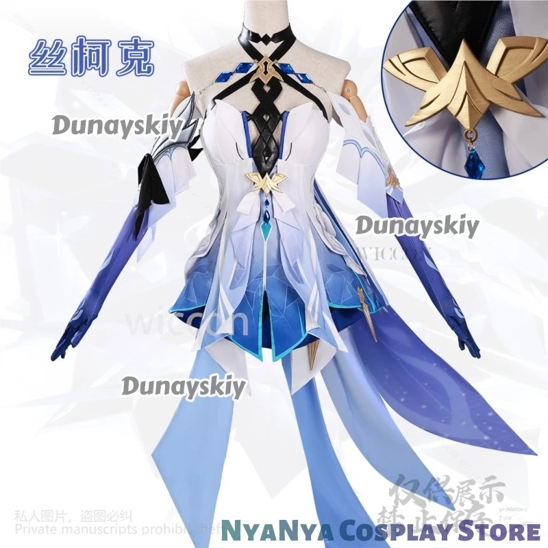 

Anime Game Genshin Impact Cosplay Skirk 할로윈 의상 Sexy Halterneck Skirt With Irregular Trailing Violet-blue Lolita Wigs Customized
