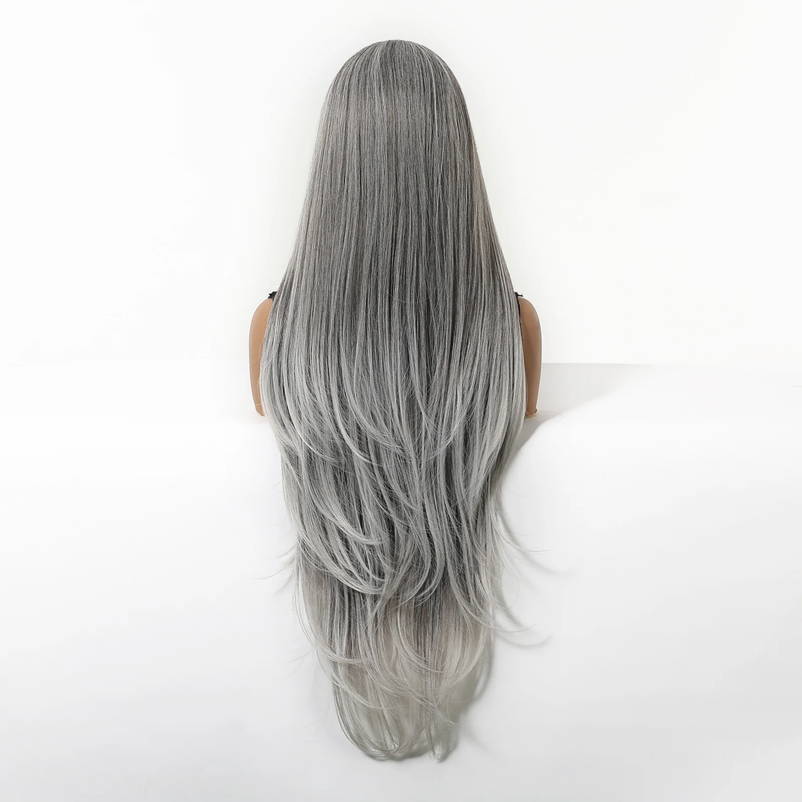 رمادي إلى رمادي فاتح الطبقات تحسس طويل بيروكات صناعية موجة للنساء أزياء أنيقة ارتفاع درجة الحرارة ألياف مقاومة للحرارة الباروكات #4