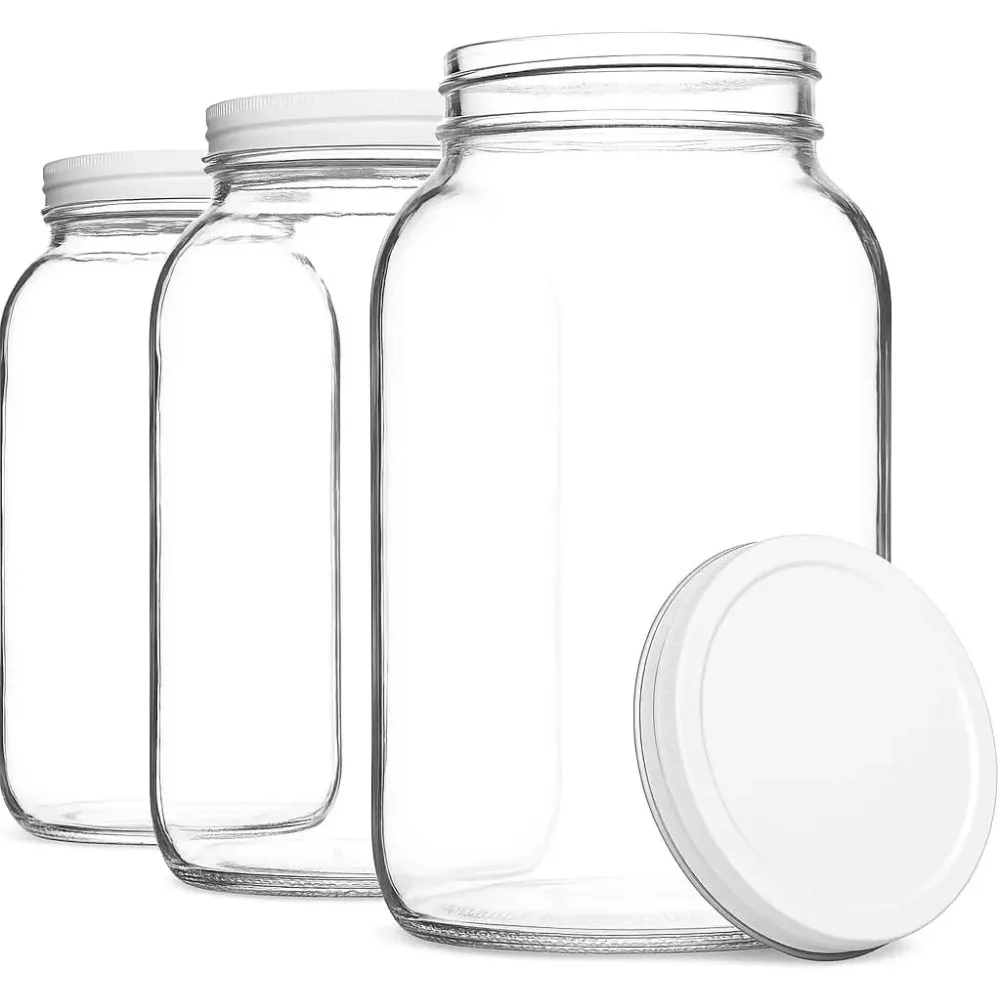 Frascos de vidrio grandes de 1 galón con tapas de metal herméticas, juego de 3 - Hecho en EE. UU. - Tarro de pepinillos de boca ancha