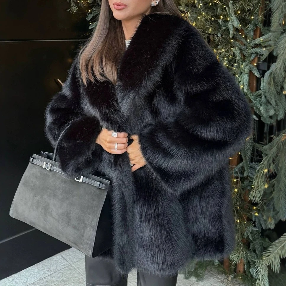 Women Faux Fur Fox Coats Jackets Turn Down Collar Mid Length Coat Thick Warm Y2k Streetwear Jacket Casual Loose Autumn Winter