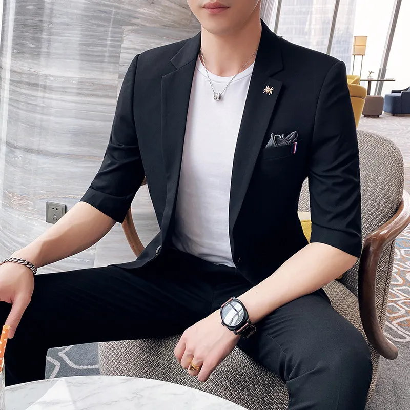 

Fashionable City Seven-Sleeve Buttoned Men's Lightweight Slim-Fitting Casual Suit Jacket Black Korean Style