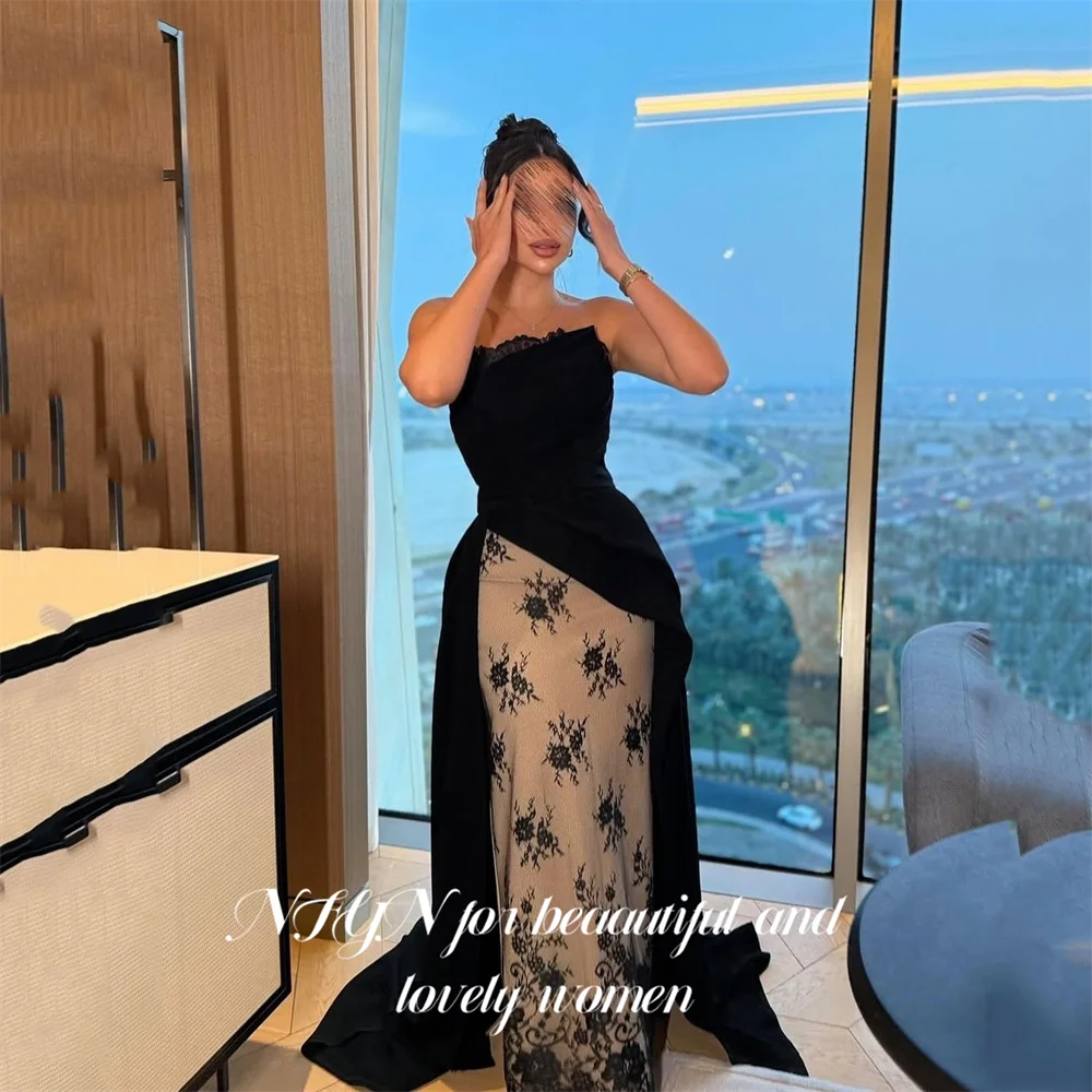 

NFYN Black Evening Dress Strapless Party Dresses with Lace Prom Gown Draped robes du soir Sleeveless Gala Dresses Customized