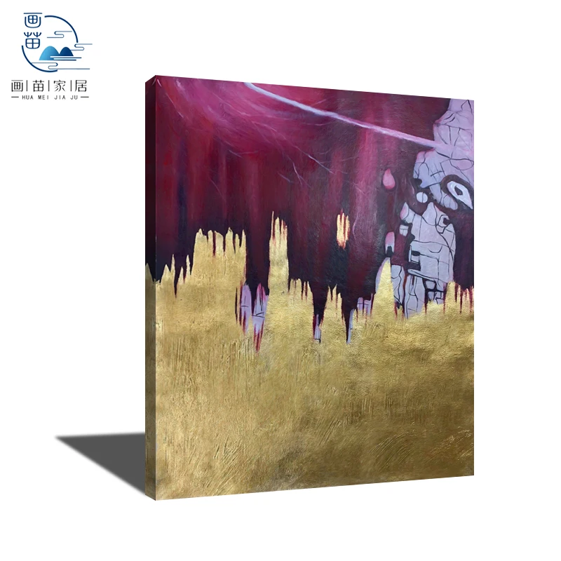 

100% Hand Painted Restaurant Decoration Modern Minimalist Wine Red Abstract Oil Painting Gold Wall Art