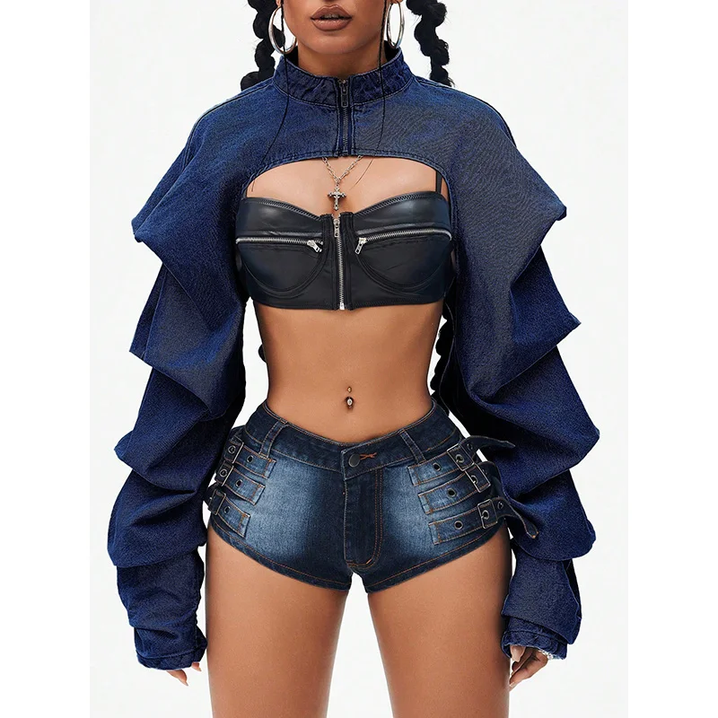 베뉴인피 스탠드 칼라 지퍼 슈퍼 숏 데님 재킷 여성용 2026년 봄 신상 2000년대 스트리트웨어 긴팔 크롭 아우터웨어