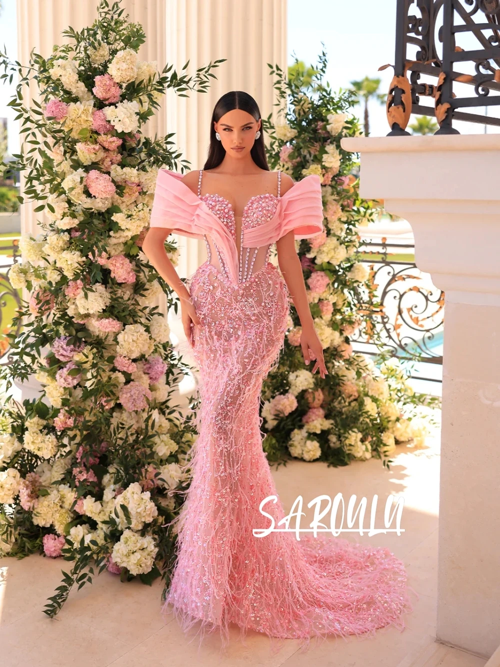 

Bright Pink Sophisticated Crystals Evening Dress Romantic Mermaid Feathered Princess Dazzling Customized Charming Prom Gown