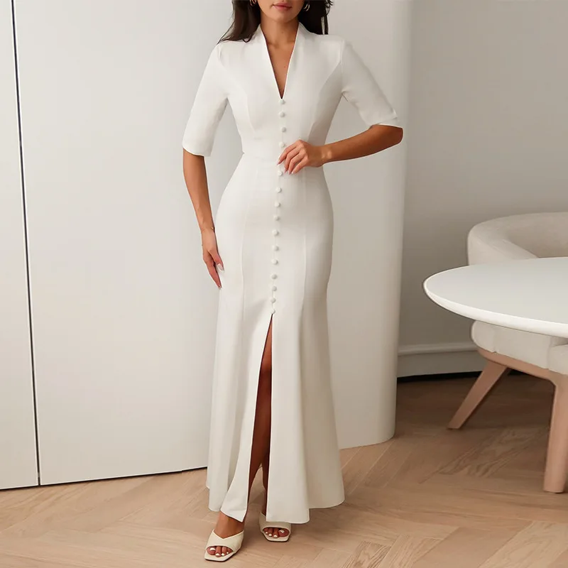 

Women's clothing 2025 autumn new sweet and fresh V-neck single breasted short sleeved high waist slimming slit dress