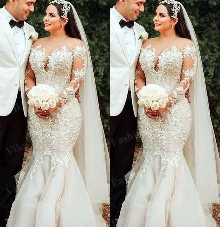 Customized Beaded Wedding Dresses With Long Sleeves, Bridal Gown, Lace Applique, Crystals Jewel Neck, , Country Garde