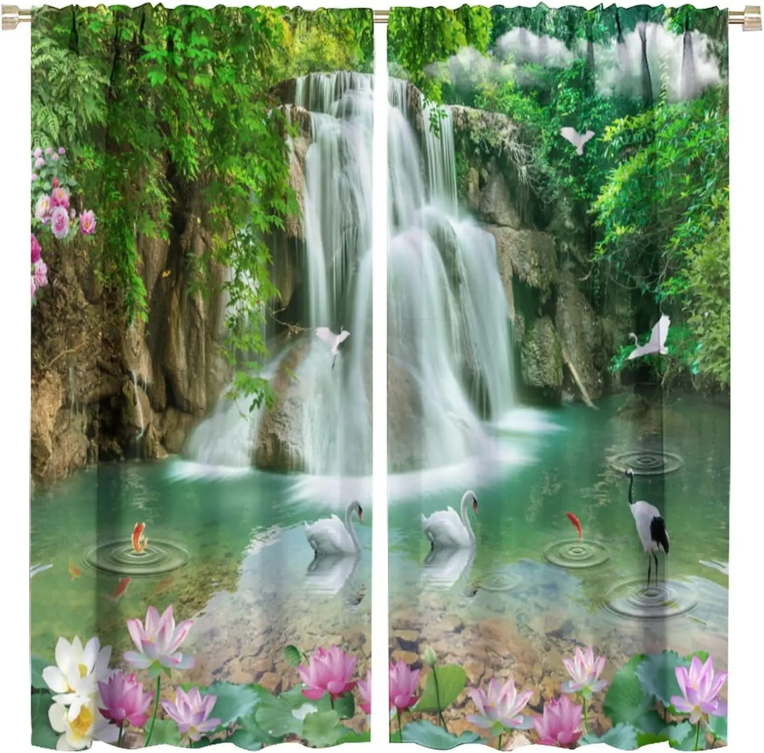 Waterfall Deocr Curtain, Japanese Style Waterfall Mountain Cloud Boat Flower Dreamy Scenes Home Decor Windows Rod Pocket Curtain