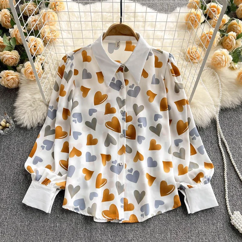 2022 Spring Autumn Fashion Love Graphic Print Button Shirt for Women Casual Street Long Sleeve Office Ladies Blouses Tops Blusas