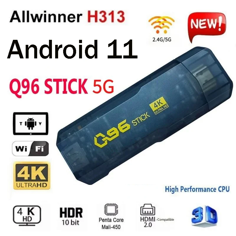 

Q96 Stick Android TV Stick allwinner H313 Android 11 четырехъядерный процессор 5G Wi-Fi 4k HDR10 H.265 ТВ-приставка для домашнего кинотеатра