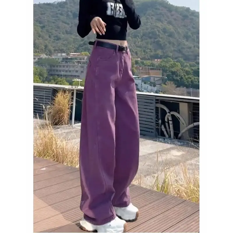 

New Purple Curved Knife Jeans Women's Spring Fat MM Pear Shape Slim High Waist Straight Loose Floor-Length Wide Leg Pants